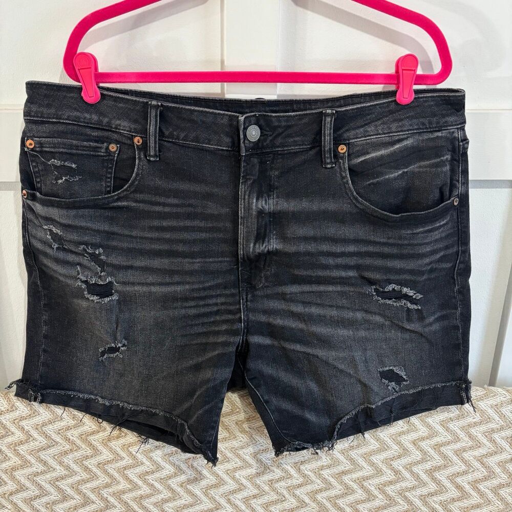 American Eagle Airflex High Rise Black Denim Distressed Shorts